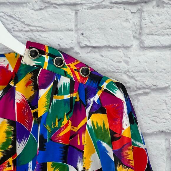 Vintage 90s Womens Short Sleeve Blouse Loud Print Size 11/12 Silky Abstract - Picture 2 of 7